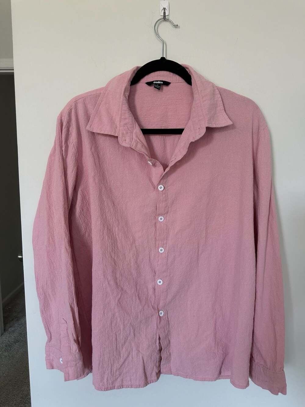 ouku Pink Cotton-Linen Blend Long Sleeve Button Down Casual Shirt Size L
